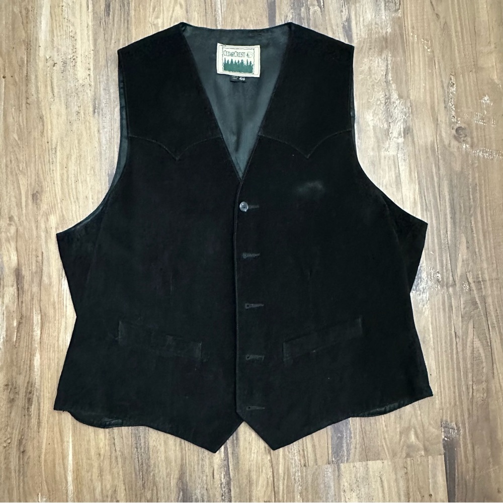 VTG 90s Black Suede Leather Cedar Crest Vest